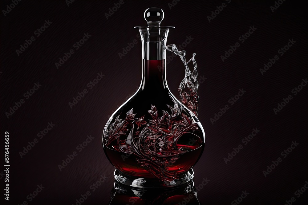 decanter with wine filled to the top with full-bodied red wine on black background, created with generative ai decanter with wine filled to the top with full-bodied red wine on black background, created with generative ai