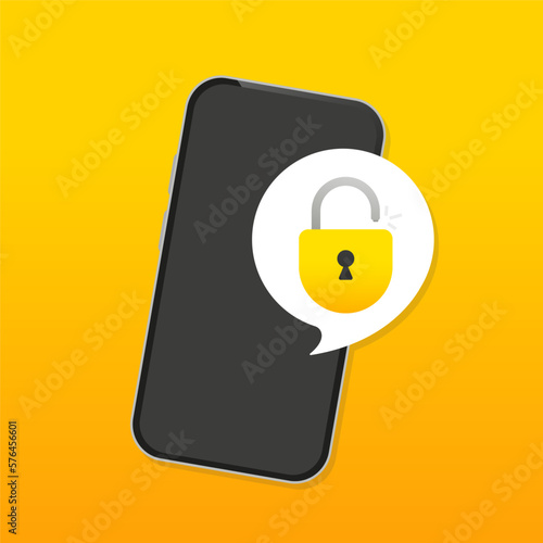 Lock smartphone icon. Secure code. Element of cyber security icon for mobile concept and web apps. Yellow lock and unlock. Concept password, blocking, security. Vector illustration