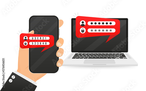Verification code message on smartphone. Notice with code for secure login or sign in Login form on laptop. Security concept, personal access, user authorization, password, login. Vector illustration