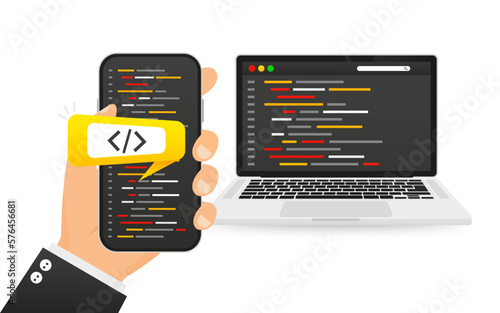 Concept of programming coding application development with virtual screens of laptop and phone. Code programming, programming language. SEO. Search engine. Vector illustration