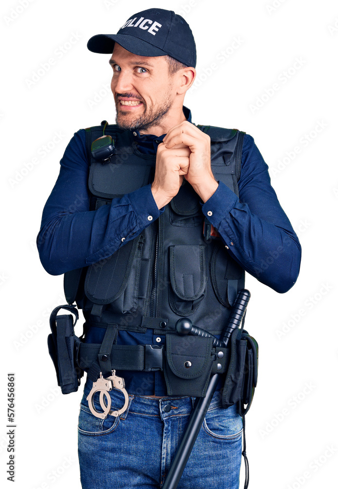Young handsome man wearing police uniform laughing nervous and excited with hands on chin looking to the side Young handsome man wearing police uniform laughing nervous and excited with hands on chin looking to the side