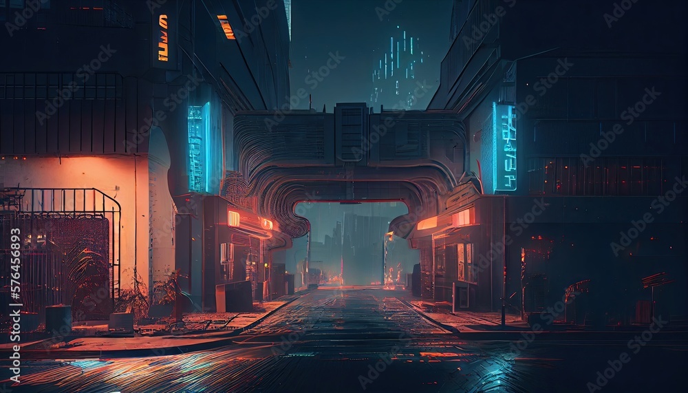 The Cyberpunk Illusion: Futuristic Illuminated Cityscape of Digital Concrete Buildings, Glowing Streets and Neon Lights. Generative AI
