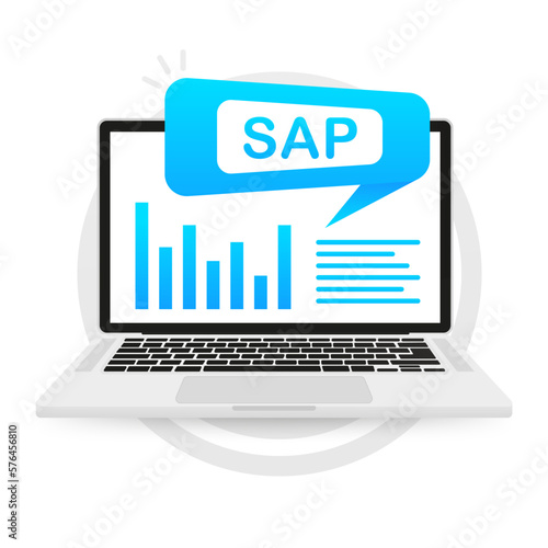 SAP Business process automation software on laptop screen. Different graphic icons. Business automation software. Vector illustration