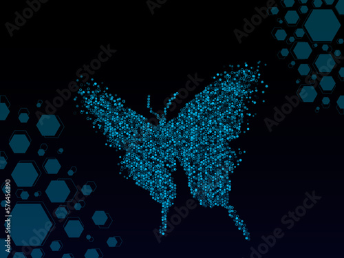 Photography a low poly moth or butterfly made from blue hexagons