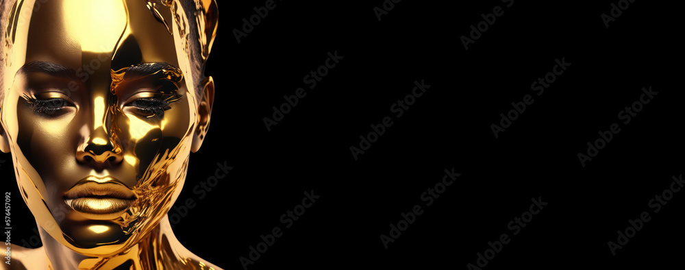 Obraz premium The skin of a golden woman. Beauty fashion model girl with golden makeup on black background. Metallic, look Fashion art portrait.Luxury Skin Care Concept. generative AI