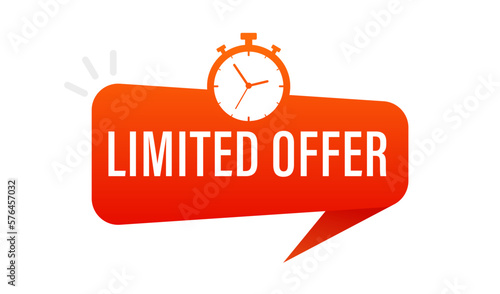 Banner ribbon limited offer with stopwatch. Last minute offer red button sign, flat modern label, alarm clock countdown logo. Vector illustration