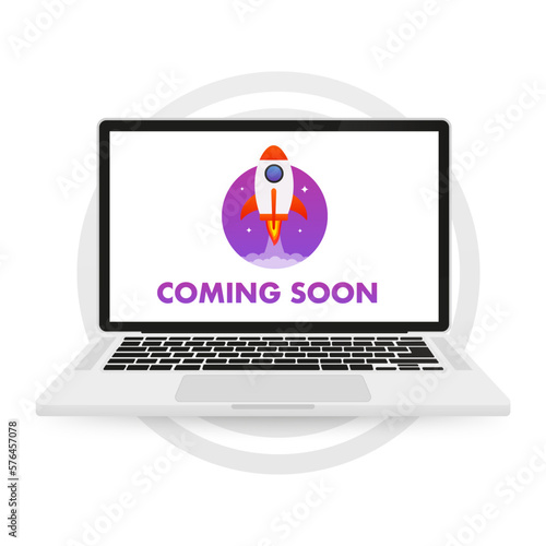 Rocket ship in flat style on a laptop. Coming soon. A space trip to the moon. Launch of space rockets. Project launch and development process. Innovation product, creative idea. Vector illustration