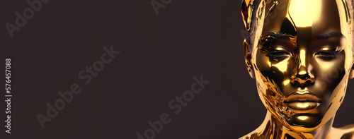The skin of a golden woman. Beauty fashion model girl with golden makeup on black background. Metallic, look Fashion art portrait.Luxury Skin Care Concept. generative AI