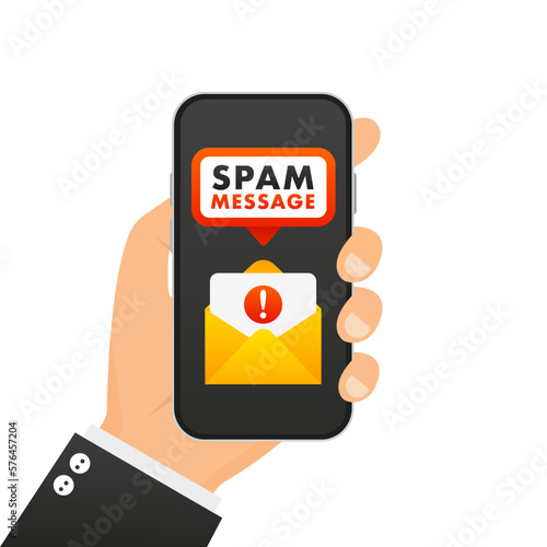 Spam email concept on a smartphone. SPAM email vector icon. Advertising, phishing, distribution. Spam messager. Danger error alerts, virus phone problem. Vector illustration
