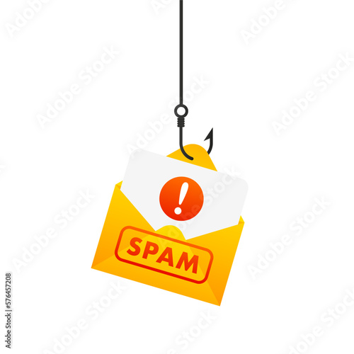 Fishing hook with email. Fishing fraud with mail envelope icon. Phishing hack of account and security password. Scam concept in flat. Danger error alerts, virus problem. Vector illustration