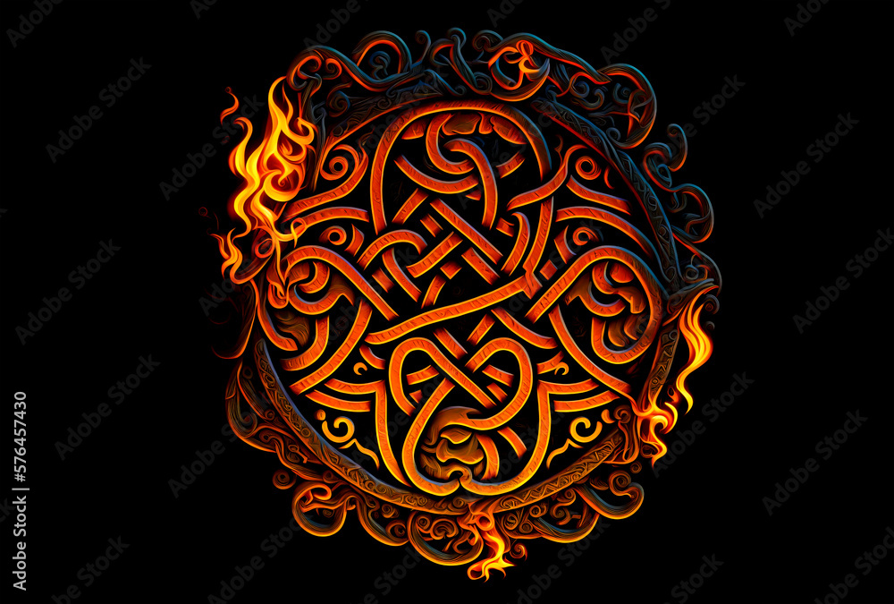 Fire celtic pattern on black background. Red celtic pattern with flame