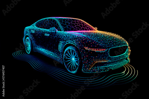 Digital futuristic car concept. Smart car made from colorful meshes on black background. Hologram wireframe of future smart auto, Generative AI. photo