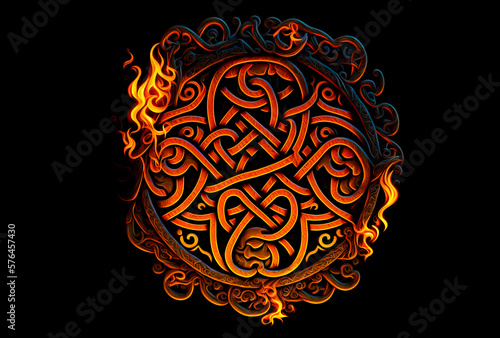 Fire celtic pattern on black background. Red celtic pattern with flame particles. Ancient traditional gaelic background  Generative AI. Celtic background or design element.