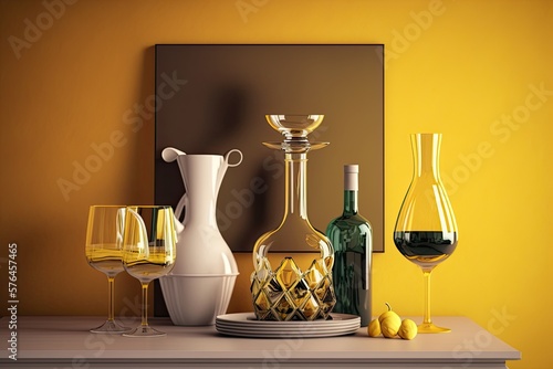 glasses on table and decanter with wine standing on yellow wall in room  created with generative ai