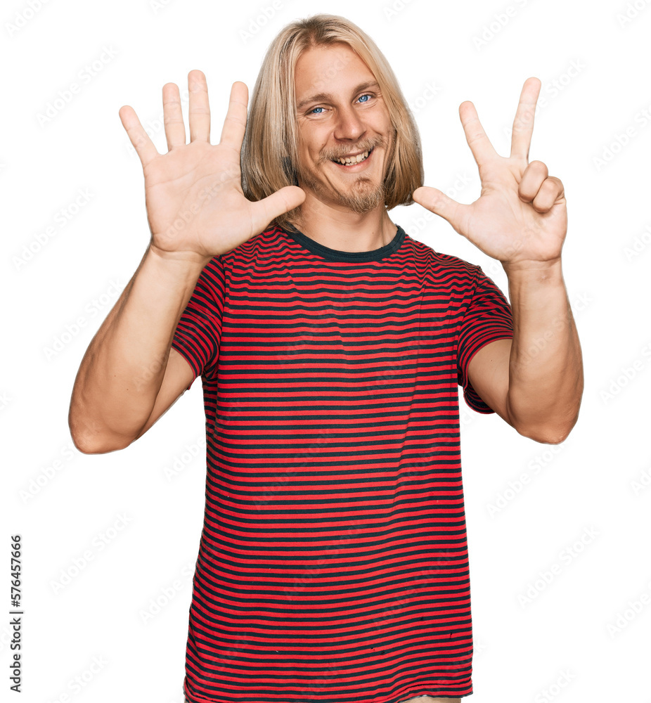 Caucasian man with blond long hair wearing casual striped t shirt showing and pointing up with fingers number eight while smiling confident and happy. Caucasian man with blond long hair wearing casual striped t shirt showing and pointing up with fingers number eight while smiling confident and happy.