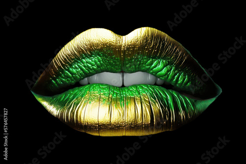 Abstract green with gold lips on a black background.green lips close up. Beautiful make-up. beautiful color on the beauty of the female mouth, close-up. mouth icon. Generative AI photo