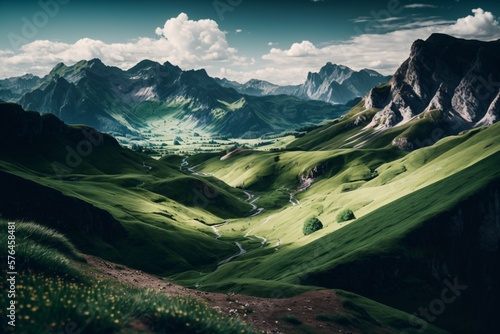 Landscape with mountains and valley. Generative ai. 