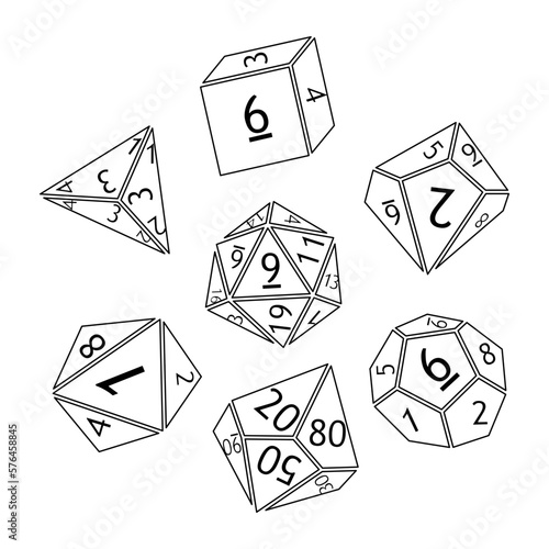 Set of dnd dice for rpg tabletop games. Polyhedral dices with different sides d4 d6 d8 d10. Black outline contour and numbers. Vector illustration photo