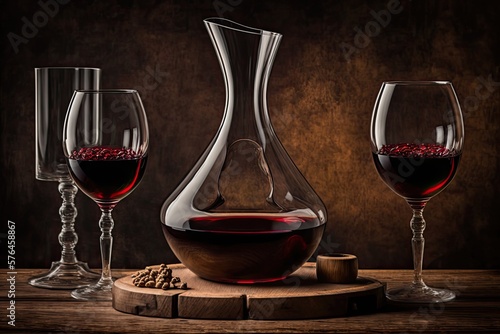 large wine glasses and decanter with red wine on wooden table, created with generative ai photo