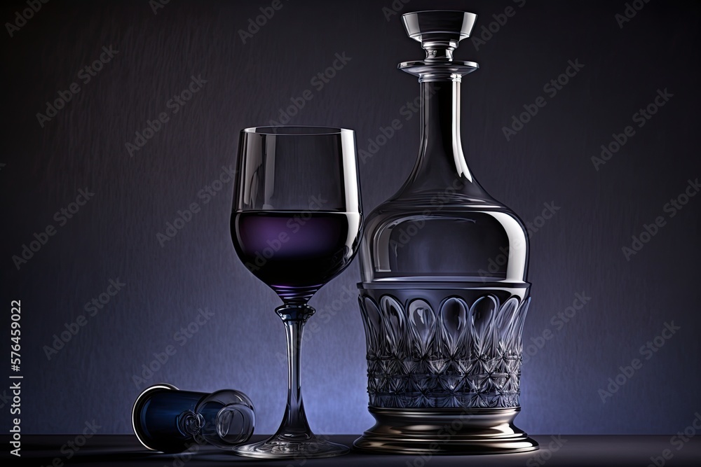 silver dark blue wine in wine glass next to bottle decanter with wine on light background, created with generative ai silver dark blue wine in wine glass next to bottle decanter with wine on light background, created with generative ai