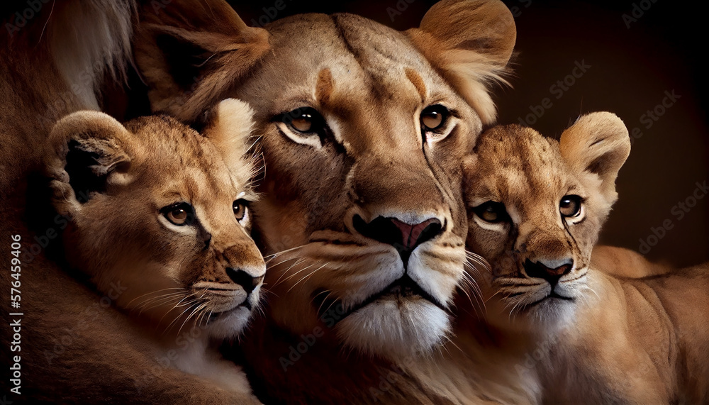 a close up of a mother lioness with her little cubs with generative AI