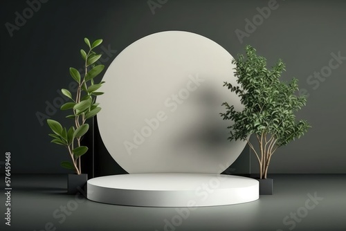 Product banner, podium platform, mini bonsai background, 3D, Generative AI