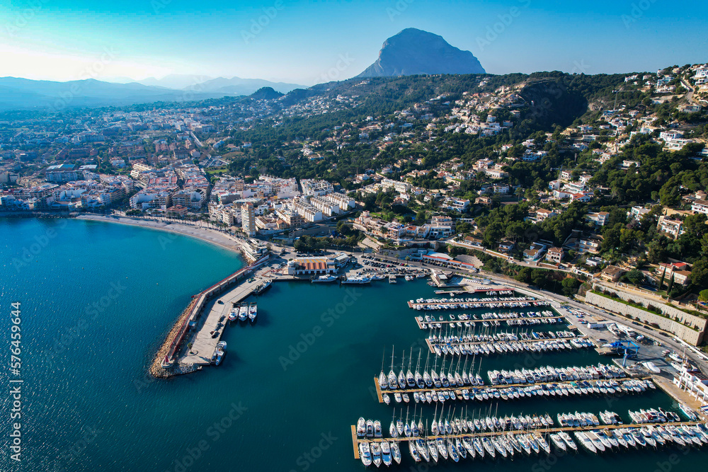 Aerial view above the beautiful mediterranean village of Xàbia in Alicante Province Spain
