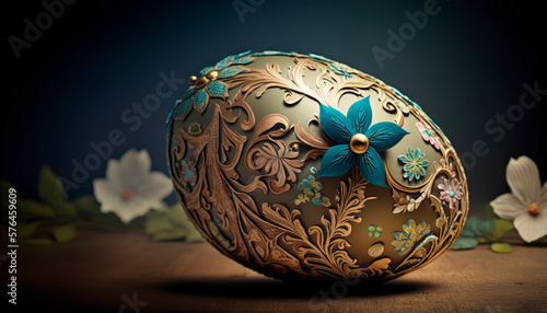 Exclusive golden Easter egg with beautiful flower patterns on a rustic table in a dramatic environment