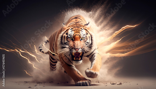 Fierce tiger with sharp teeth running visualized with energy and lightning on a dark background photo