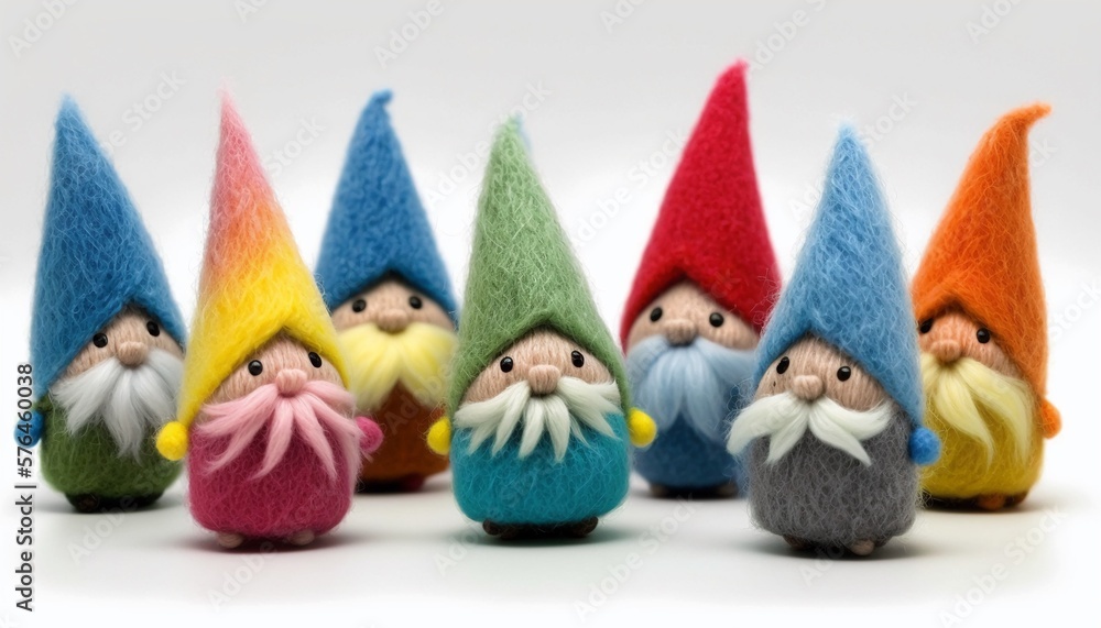 7 adorable knitted dwarves in rainbow colors isolated on white background.