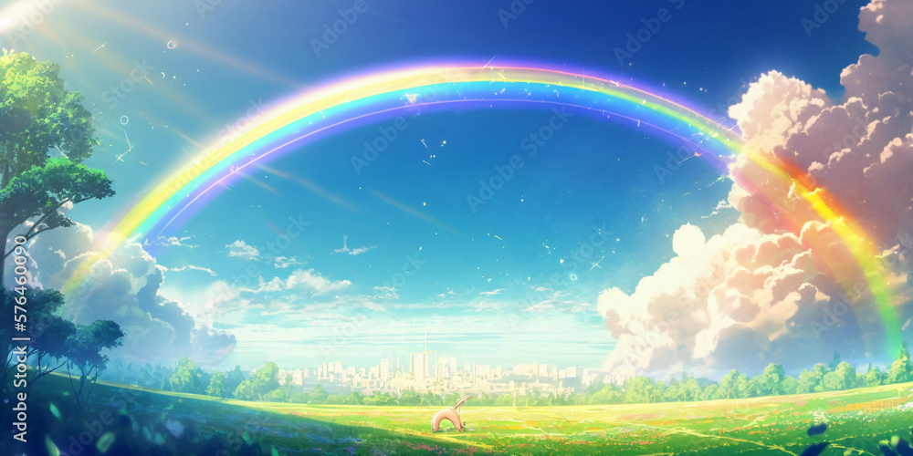 landscape with rainbow and sun illustration background