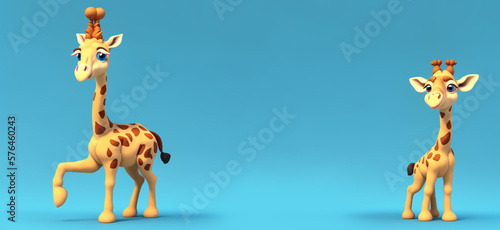 Two Giraffe portrait on a blue background, Generative AI illustration