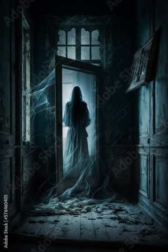 Mysterious shadow of a woman in an abandoned house  Generative AI. Female silhouette in abandoned house. Halloween background for banner  poster or invintation. Fean and evil concept.