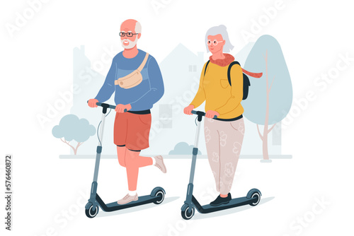 Elderly couple riding electric scooters. Happy seniors riding scooters outdoors. Modern pensioners after retirement. Vector illustration isolated on white. Flat style.