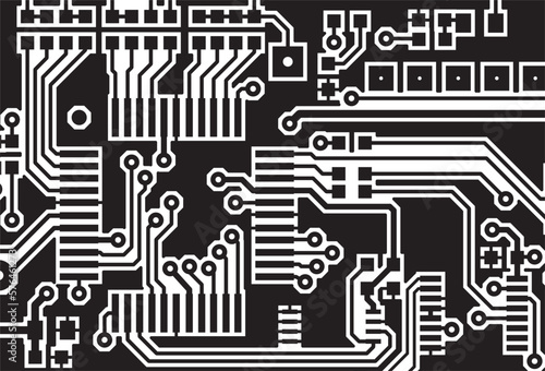 Tracing the conductors of a multilayer 
printed circuit board. Drawing of 
printed tracks, transition holes, contact 
pads and metallization areas. 
Electronic circuit board with components