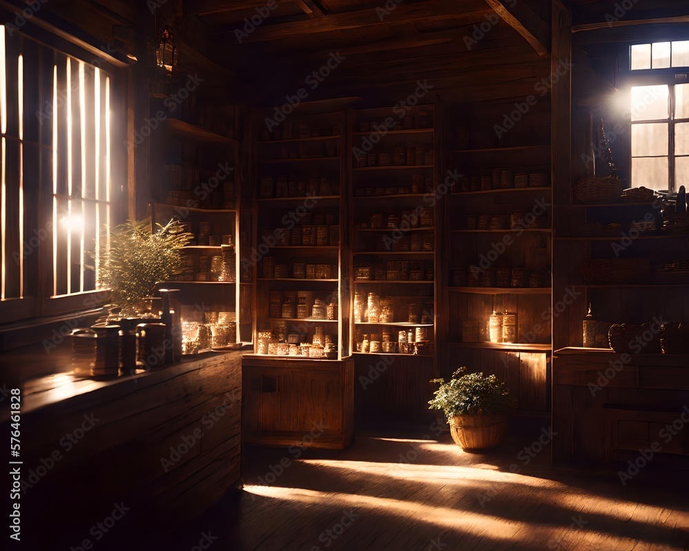 Moody soft room with window light, plants and jars on shelf, library, Generative AI Moody soft room with window light, plants and jars on shelf, library, Generative AI