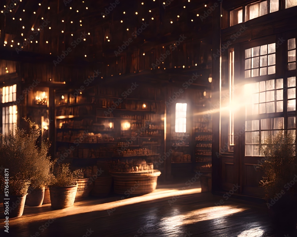 Moody soft room with window light, plants and jars on shelf,  library, Generative AI