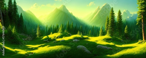 Spruce trees forest summer background against the backdrop of a mountain range in the morning golden hour with sun rays, panorama of wildlife forest in the Green Valley with blue sky photo
