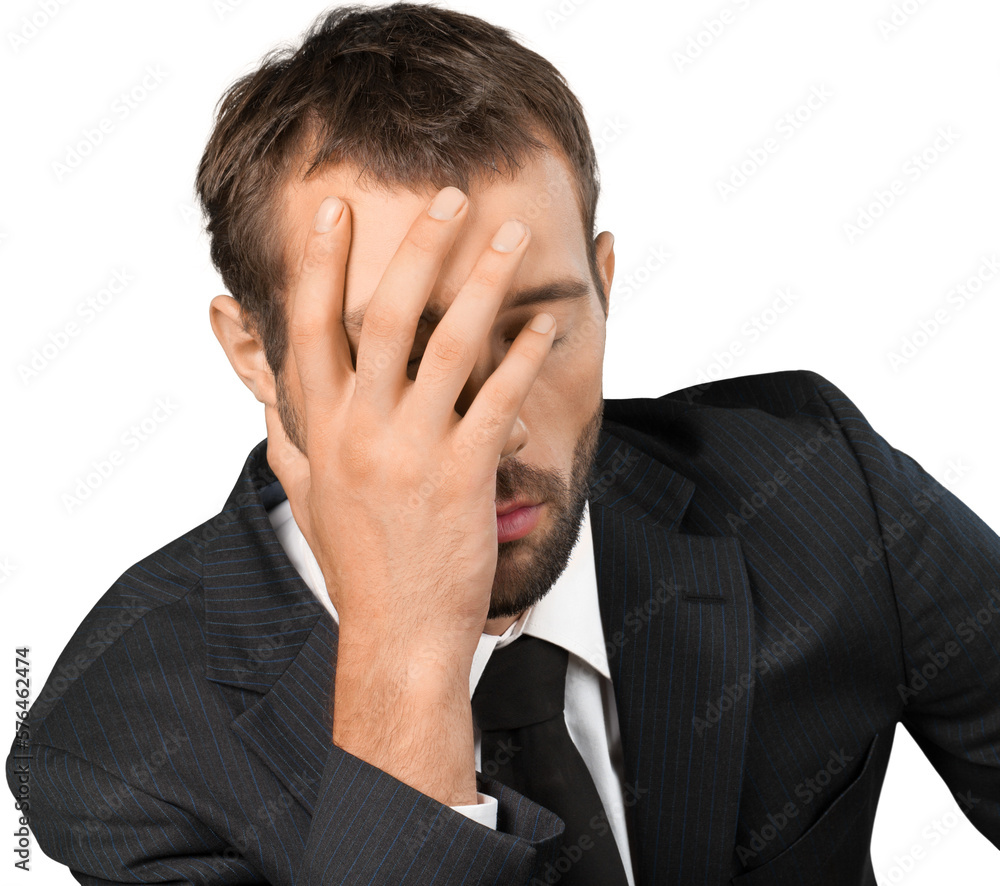 Stressed young man, hand on head on white background Stressed young man, hand on head on white background