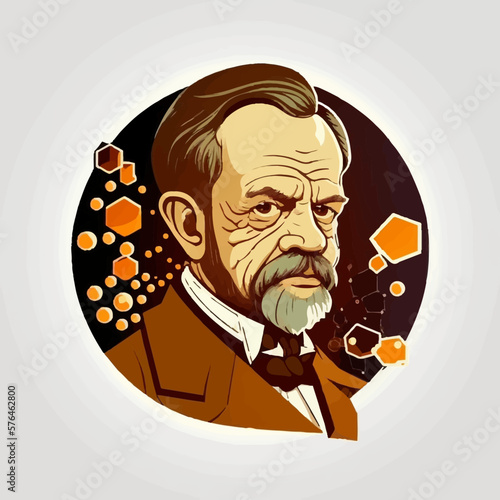 Illustration and vector-style portrait of Louis Pasteur standing in front of microorganism shapes such as bacteria, archaea, viruses, protists, yeasts, and molds. He is wearing a shirt with a suit.   