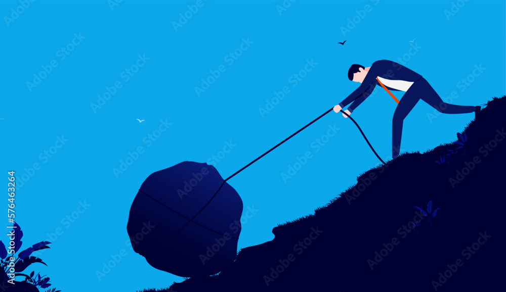 Business challenge - Businessman working hard pulling big rock up hill. Difficult and struggle concept, flat design vector illustration
