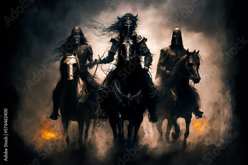 Three warrior horsemen riding toward, Generative AI. Helmets with skulls visors. Dark mood. Fire and dust on background. War and death concept. War background. Halloween background.