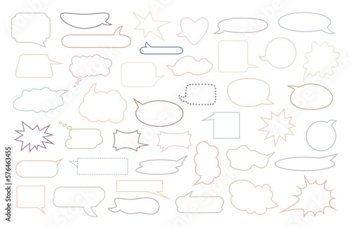 Speech bubble set pastel colored outline doodle vector illustration, sticker for planner, bullet journal, St Valentine decor, graphic element of conversational illustration, story, comic design