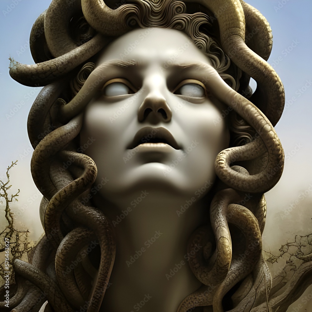 Generative AI image featuring a white marble bust of Medusa, otherwise ...