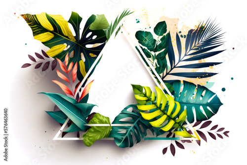 Tropical frame background. Creative layout made of tropical leaves with triangular frame on white background, Generative AI. Flat lay. Nature concept.