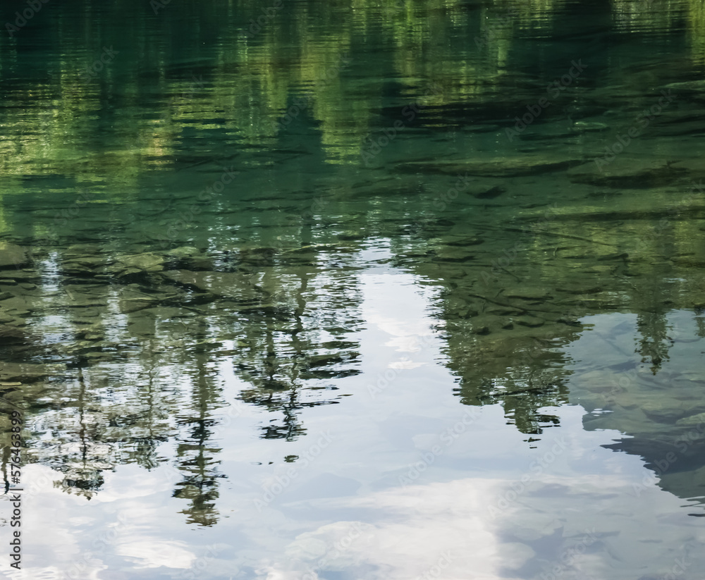 Reflection in the mountain lake of coniferous forest and mountain landscape, clear mountain lake as a mirror Reflection in the mountain lake of coniferous forest and mountain landscape, clear mountain lake as a mirror