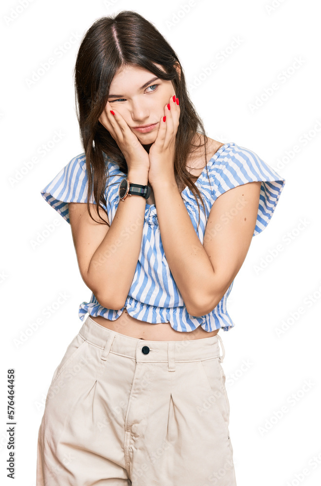 Young beautiful caucasian girl wearing casual clothes tired hands covering face, depression and sadness, upset and irritated for problem Young beautiful caucasian girl wearing casual clothes tired hands covering face, depression and sadness, upset and irritated for problem