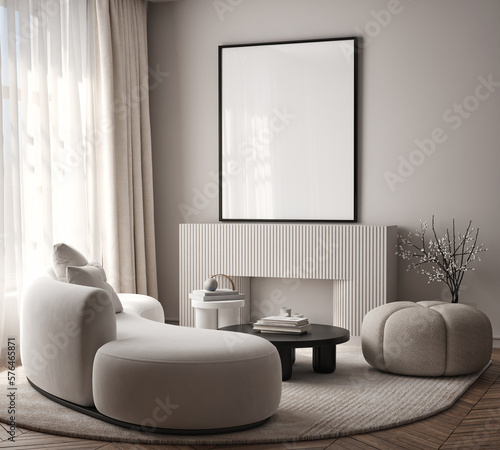 Mockup poster frame on the wall of living room. Luxurious apartment background with contemporary design. Modern interior design. 3D render, 3D illustration. © mtlapcevic