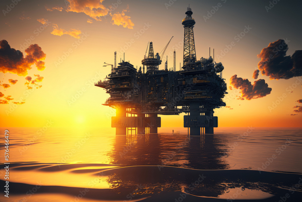 Oil Production Station at Sea on Sunset Background. Illustration. Generative AI.
