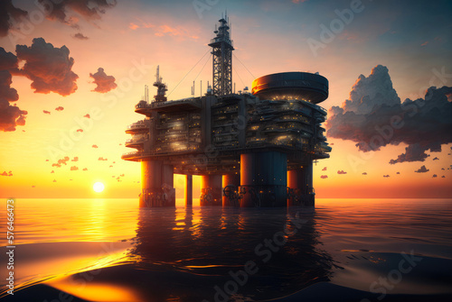 Oil Production Station with lights at sea on sunset background. Illustration. Generative AI.